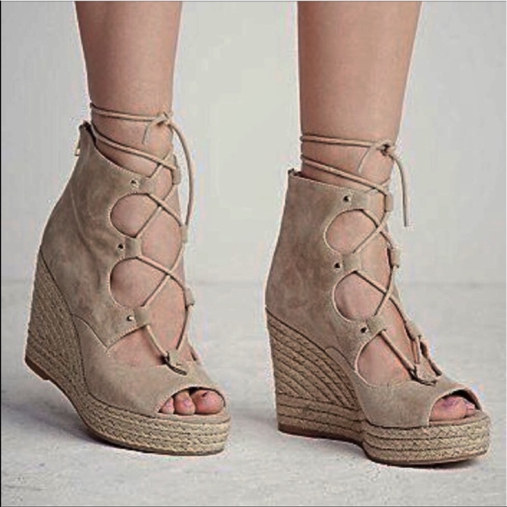 Nude Free People Boho Lace Up Platform Wedge - Picture 3 of 5